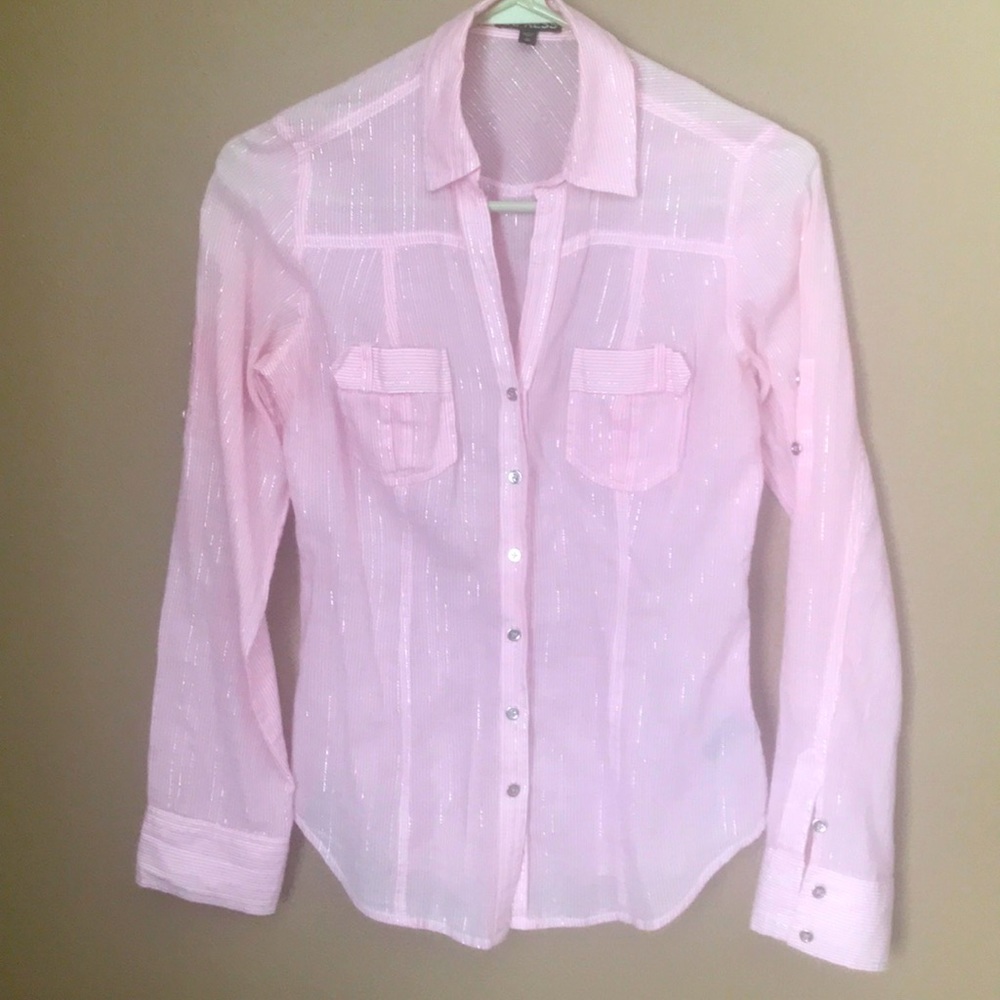 Express pink/silver button down long sleeve